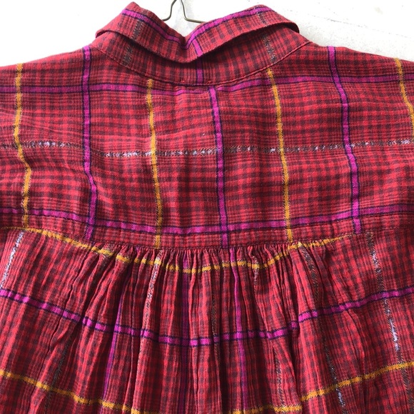 BNWT FREE PEOPLE RED METALLIC PLAID BUTTON SHIRT - Picture 5 of 6